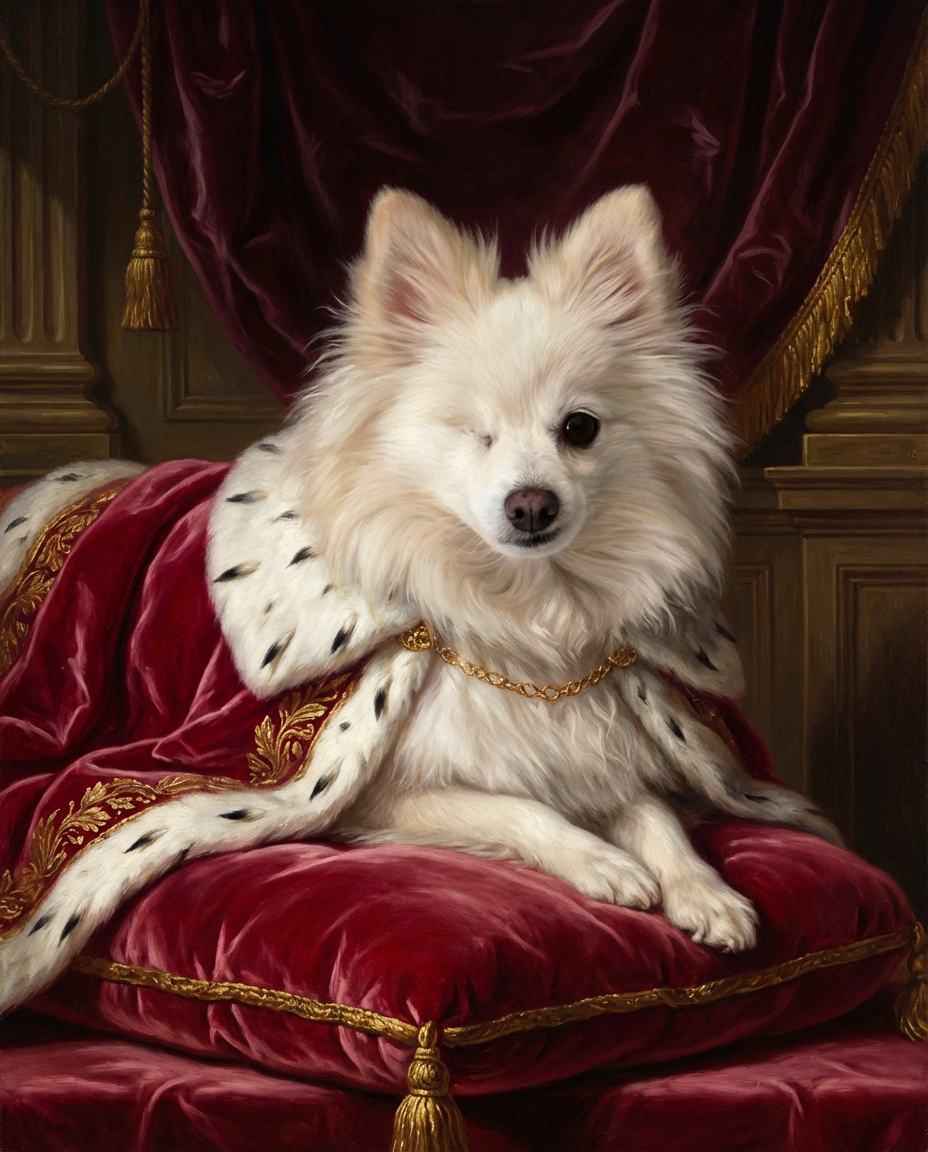 Gato con atuendo real y telas ornamentadas