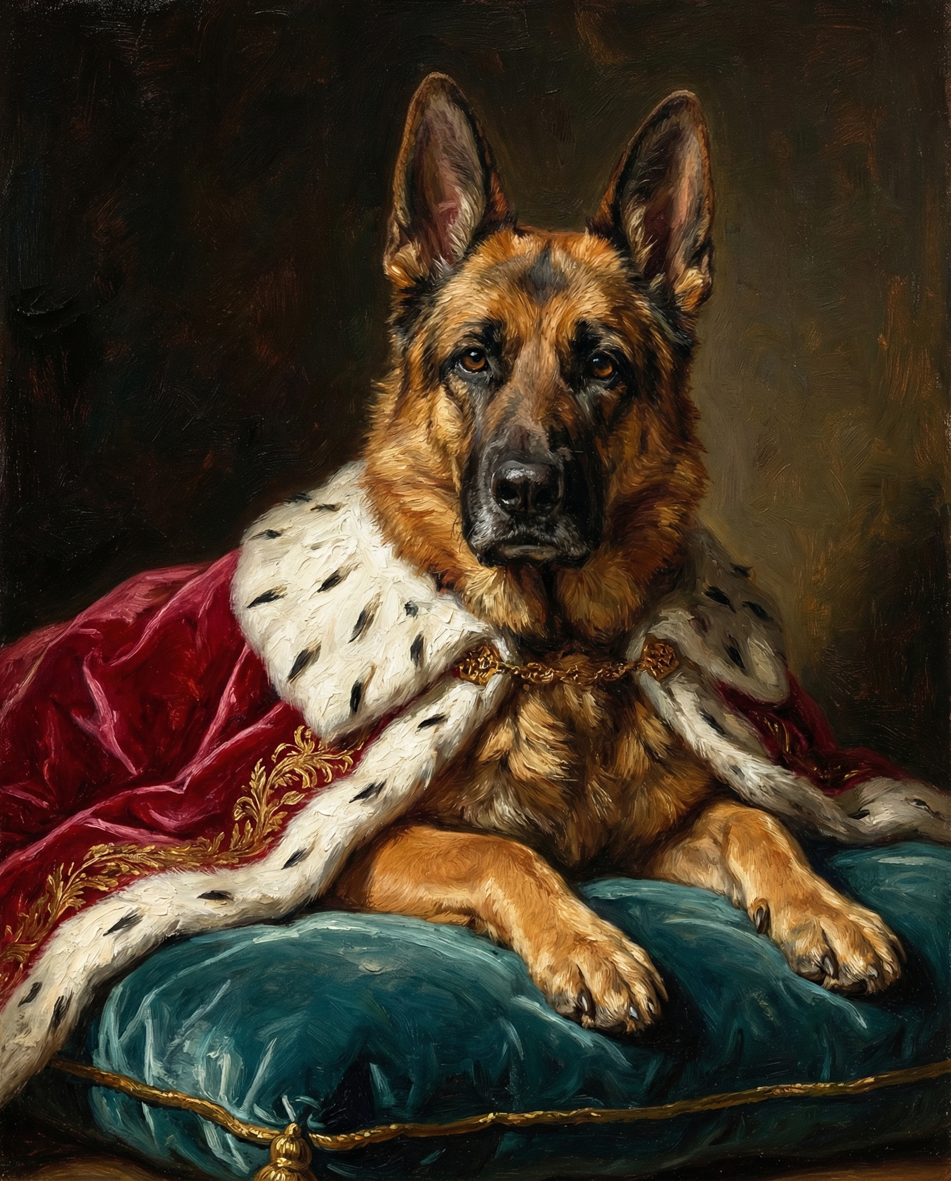 Pastor alemán con vestimenta de nobleza renacentista